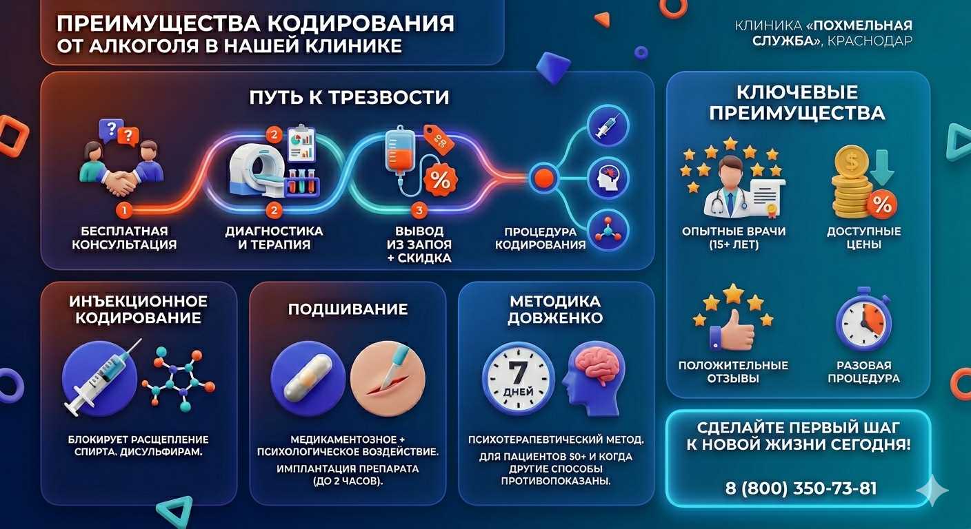 Инфографика о методах кодирования от алкоголя в Добрянке: инъекции, подшивание, метод Довженко. Преимущества клиники и этапы лечения.