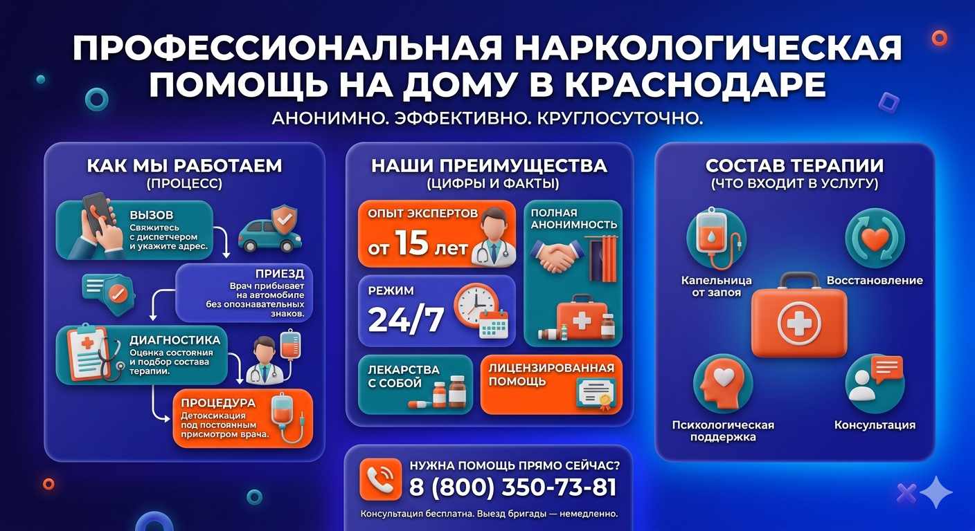Инфографика о принципах лечения алкоголизма на дому в Добрянке: этапы вызова нарколога, преимущества анонимной детоксикации и состав медицинской помощи.